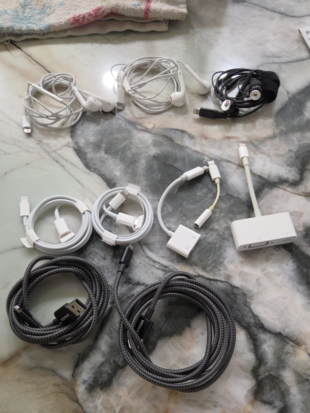 Assorted Appple & Anker iPhone Charging Cables, Adapters & Headphones
